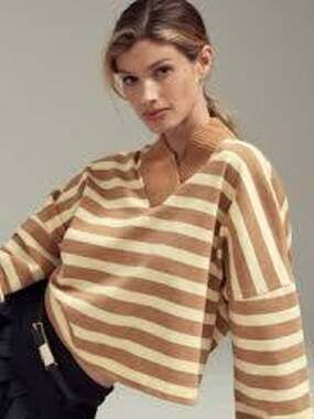 NWT Maeve Anthropologie Brown/Yellow Striped Boxy Oversized VNeck Sweater Small